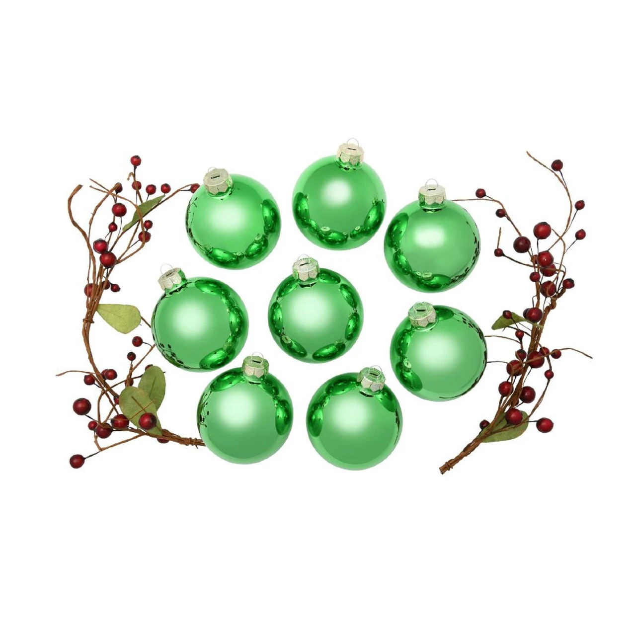 8ct Green Shiny Glass Christmas Ball Ornaments 3.25" (82mm) 2 8ct Green Shiny Glass Christmas Ball Ornaments 3.25" (82mm) - Image 2
