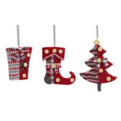 12 Red And Gray Knit-Look Gift Box, Stocking And Tree Christmas Ornaments 4.75"