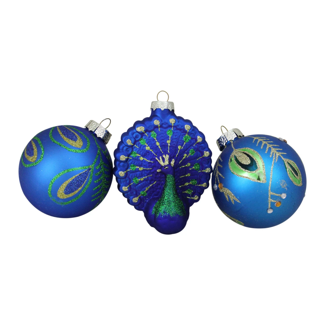 3ct Royal Blue And Green Peacock Glass Christmas Ornaments 3.75" (95mm) 1 3ct Royal Blue And Green Peacock Glass Christmas Ornaments 3.75" (95mm)