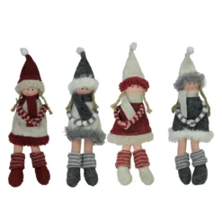 4ct Red And Gray Girls With Scarves Christmas Doll Ornaments 12"