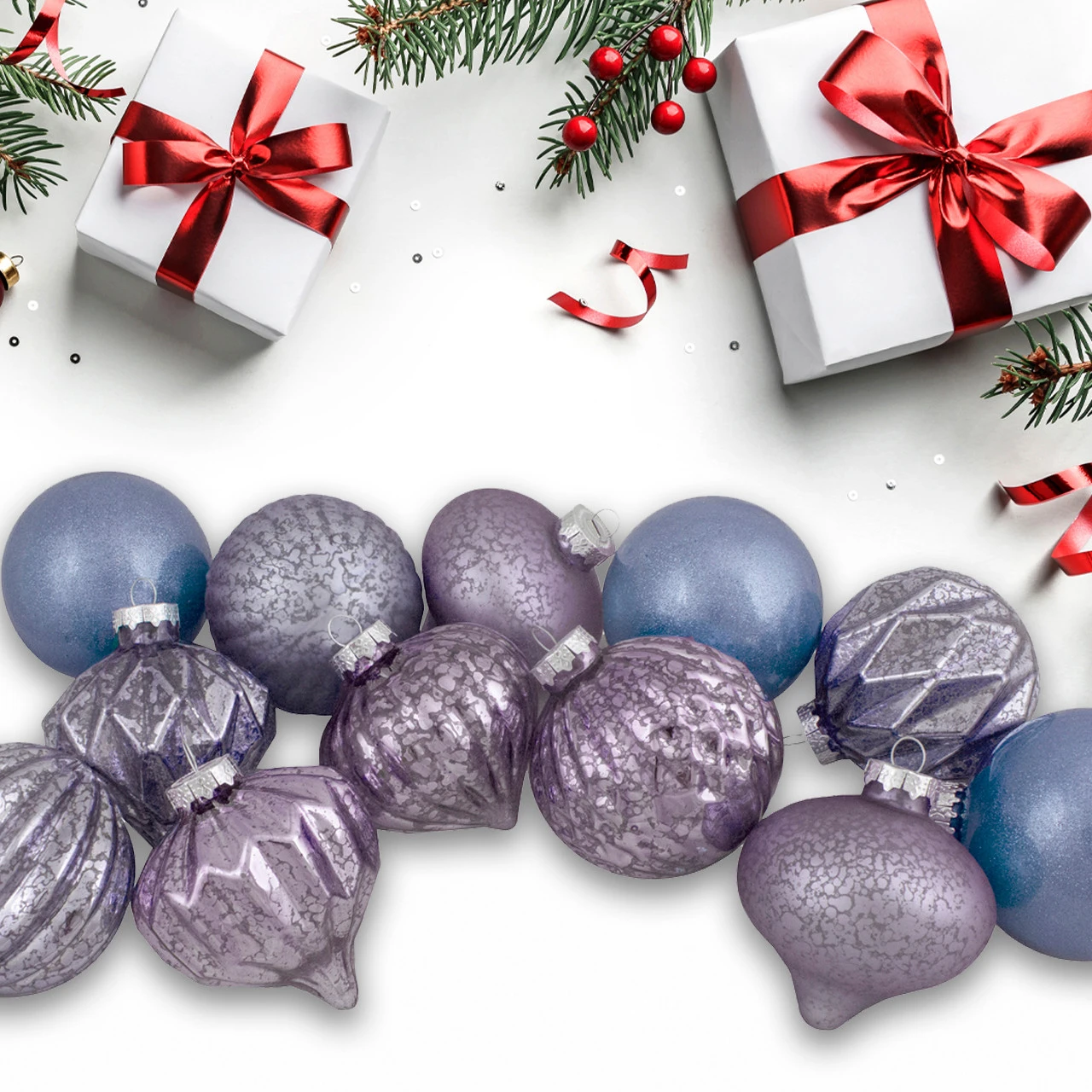 Set Of 12 Purple Tone Finial And Glass Ball Christmas Ornaments 3 Set Of 12 Purple Tone Finial And Glass Ball Christmas Ornaments - Image 3