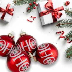 Set Of 4 Red Ho Ho Ho Glass Ball Christmas Ornaments 3.25-Inch (80mm) -Christmas Trees Shop northlight20wy88909 85504.1667510419