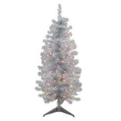 4' X 22" Pre-Lit Slim Silver Artificial Tinsel Christmas Tree - Clear Lights