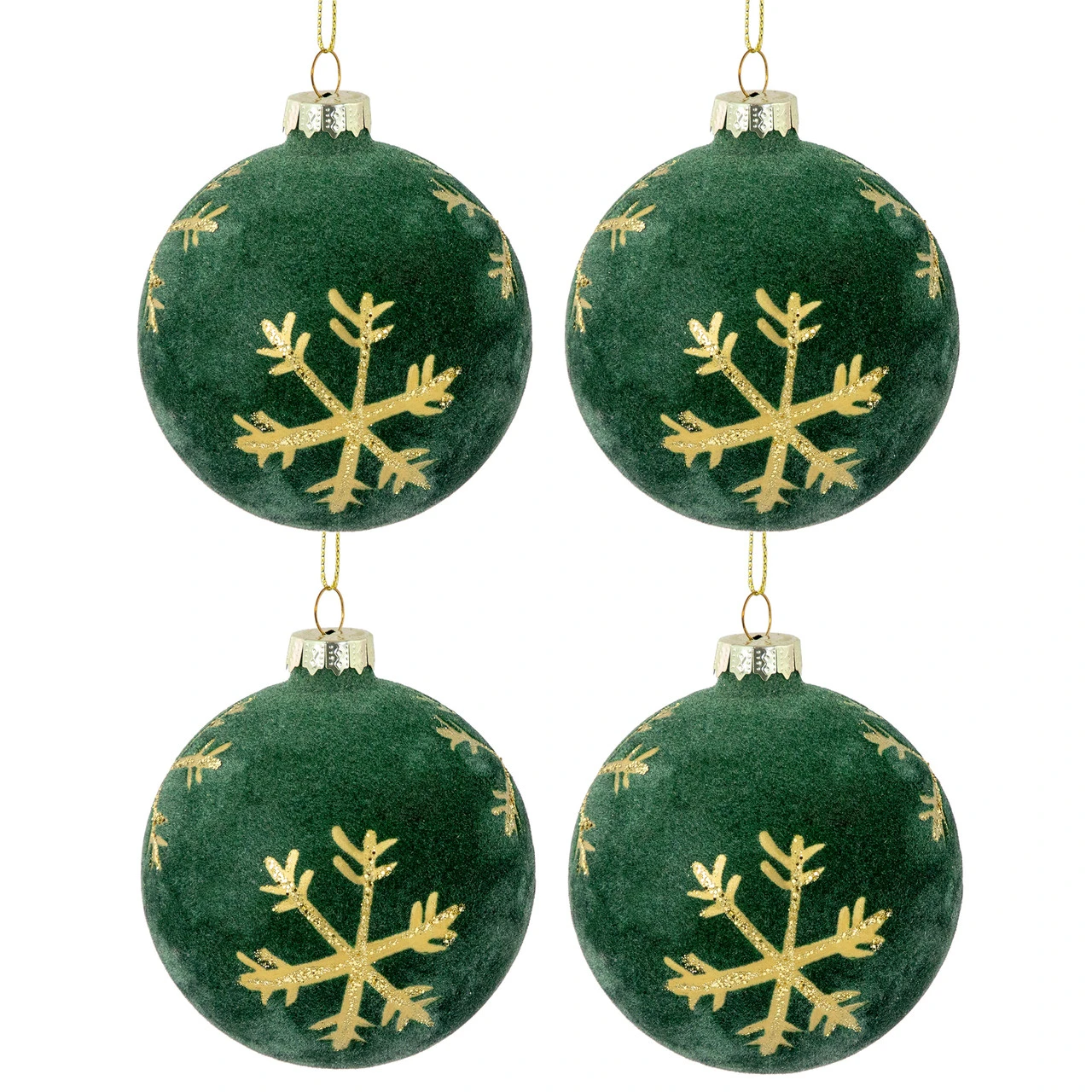 4ct Green Velvet Glass Christmas Ball Ornaments With Gold Snowflakes 3" (80mm) 1 4ct Green Velvet Glass Christmas Ball Ornaments With Gold Snowflakes 3" (80mm)