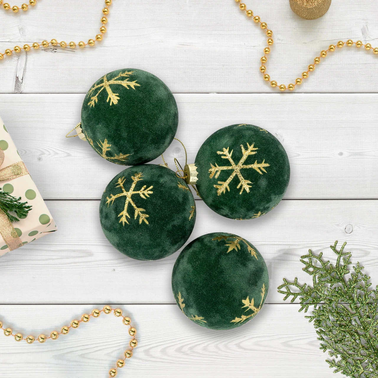 4ct Green Velvet Glass Christmas Ball Ornaments With Gold Snowflakes 3" (80mm) 2 4ct Green Velvet Glass Christmas Ball Ornaments With Gold Snowflakes 3" (80mm) - Image 2