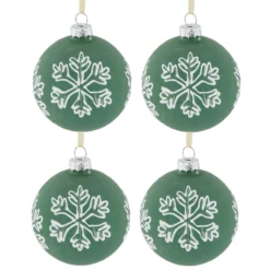 4ct Green Glass Christmas Ball Ornaments With White Snowflakes 3" (80mm)