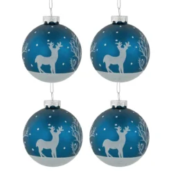 4ct Blue Glass Ball Christmas Ornaments With Glitter Reindeer 3"