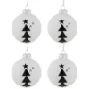 4ct White Glass Ball Ornaments With Black Christmas Trees 3"