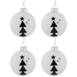 4ct White Glass Ball Ornaments With Black Christmas Trees 3"