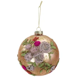 4.5" Pink Floral Applique Glass Ball Christmas Ornament