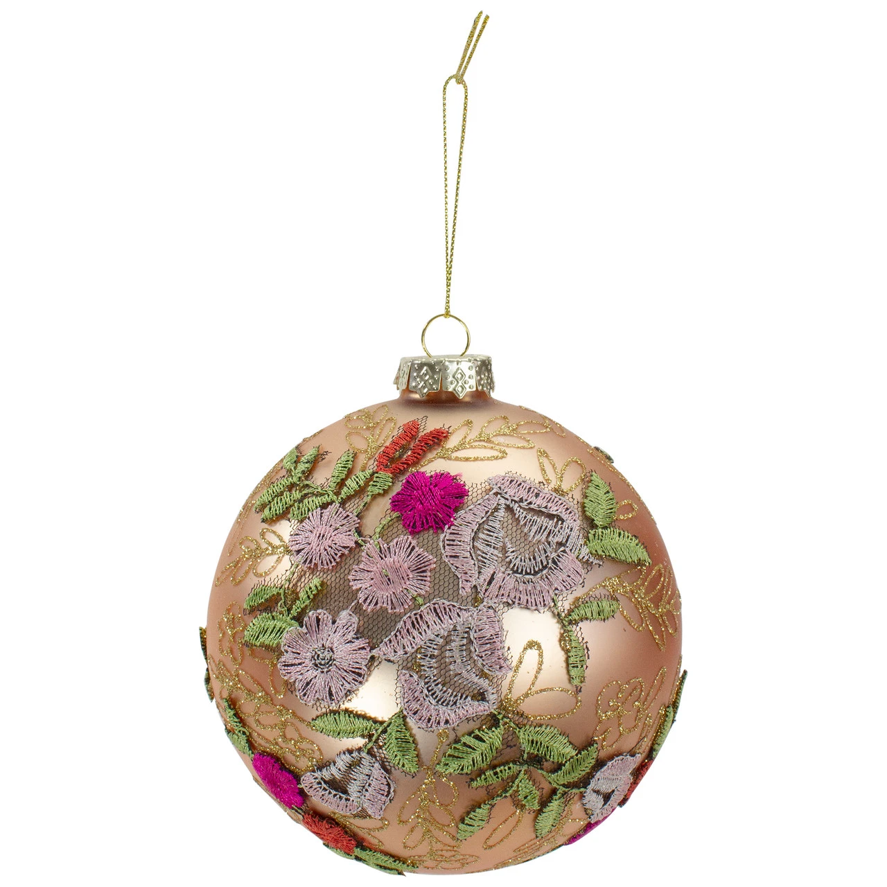 4.5" Pink Floral Applique Glass Ball Christmas Ornament 1 4.5" Pink Floral Applique Glass Ball Christmas Ornament