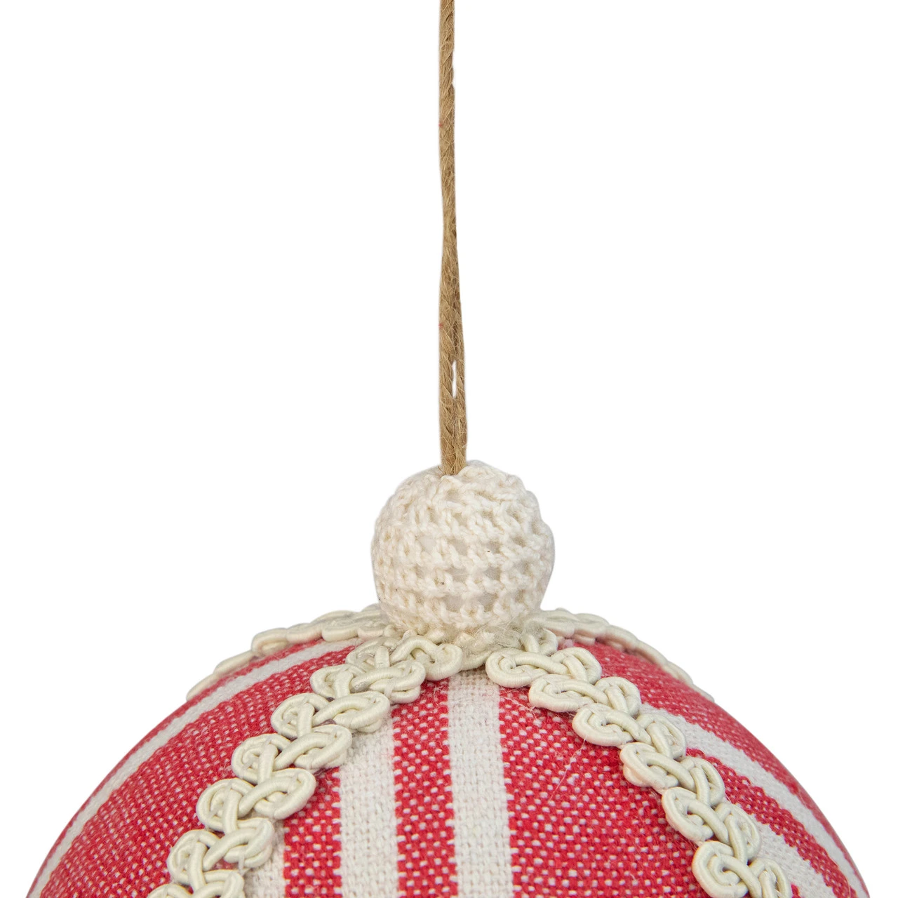 4.75" Red And White Striped Ball Christmas Ornament With Rope Accent 4 4.75" Red And White Striped Ball Christmas Ornament With Rope Accent - Image 4