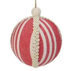 4.75" Red And White Striped Ball Christmas Ornament With Rope Accent