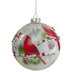 4.5" Red Cardinals And Pine Cones Glass Christmas Ornament