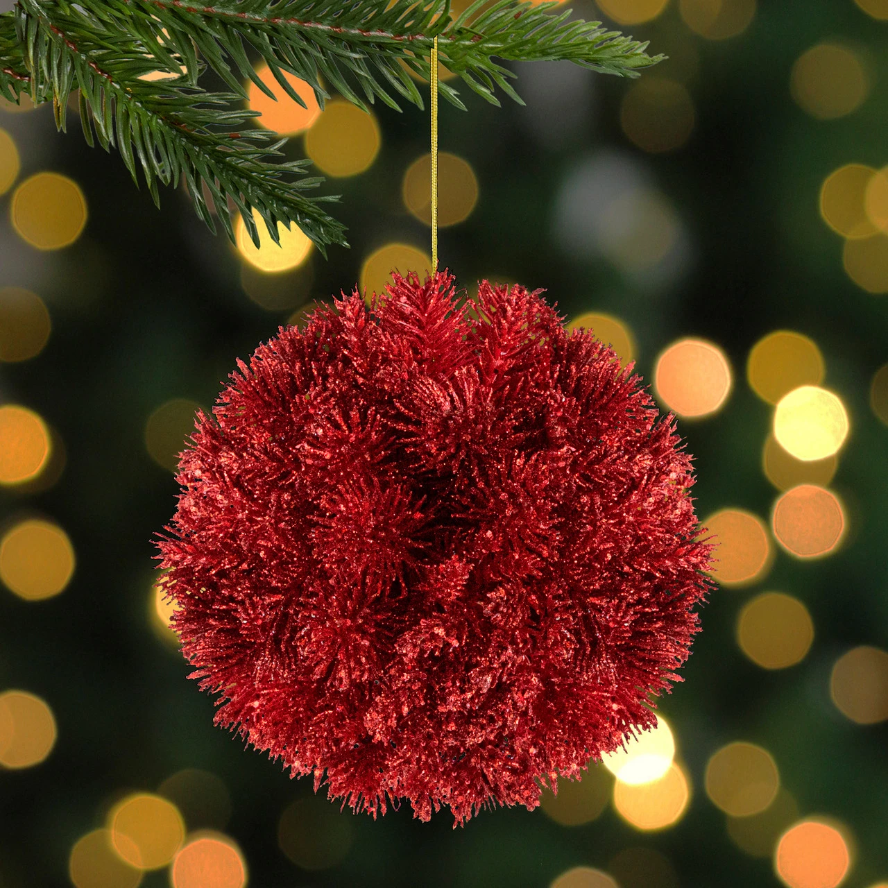6" Red Glittered Pine Christmas Ball Ornament 2 6" Red Glittered Pine Christmas Ball Ornament - Image 2