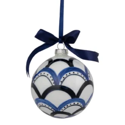 4" White And Blue Scallop Glass Christmas Ball Ornament