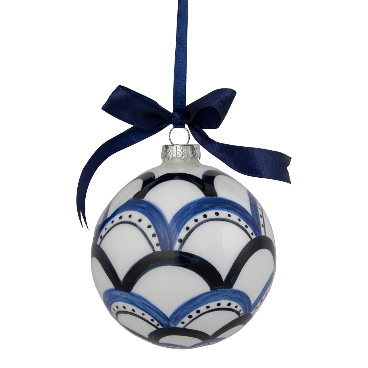 4" White And Blue Scallop Glass Christmas Ball Ornament 1 4" White And Blue Scallop Glass Christmas Ball Ornament