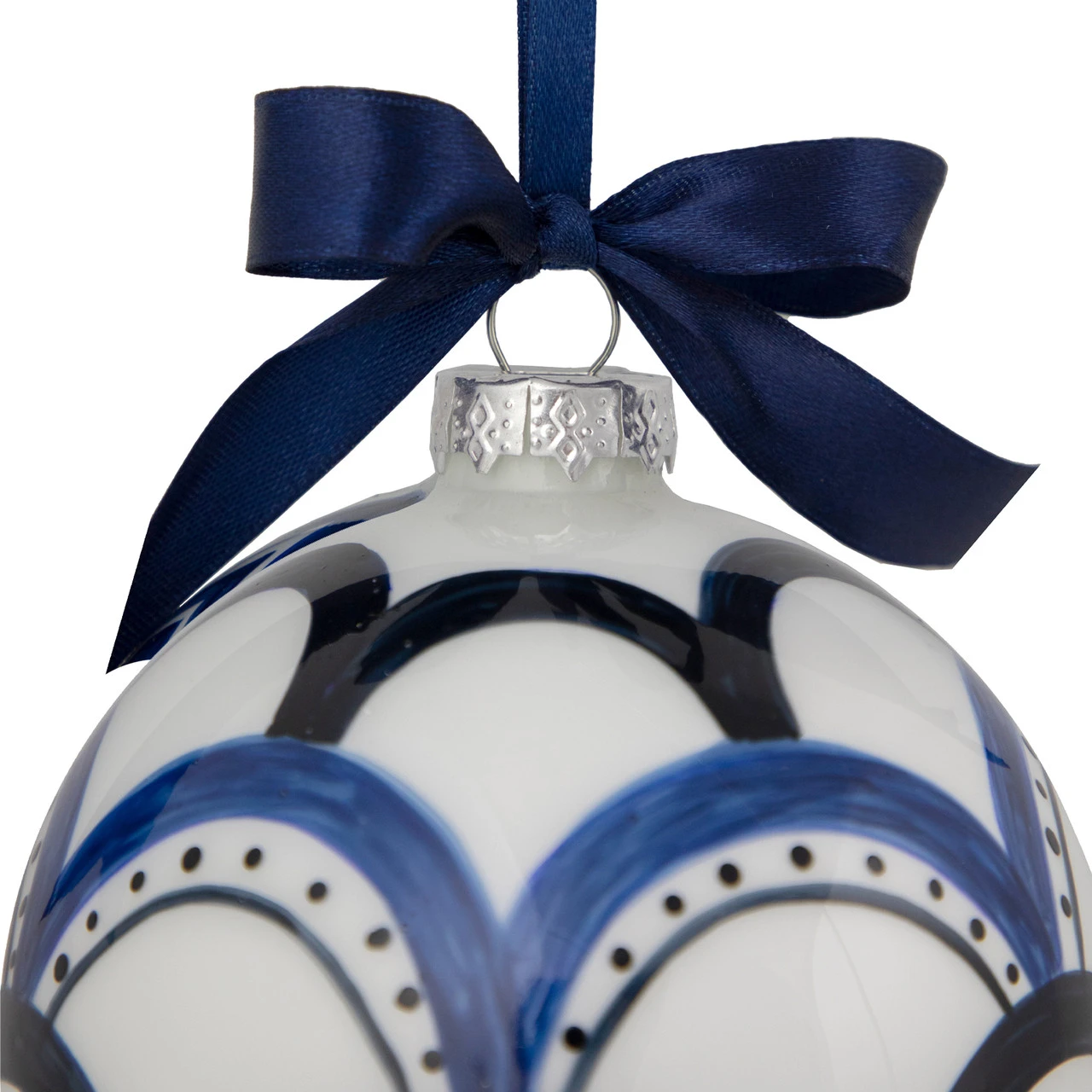 4" White And Blue Scallop Glass Christmas Ball Ornament 5 4" White And Blue Scallop Glass Christmas Ball Ornament - Image 5