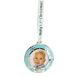 3" Blue Silver-Plated Baby's First Christmas Ornament With European Crystals