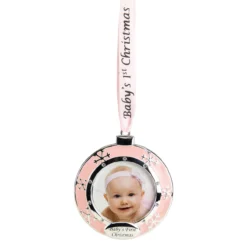 3" Pink Silver-Plated Baby's First Christmas Photo Ornament With European Crystals