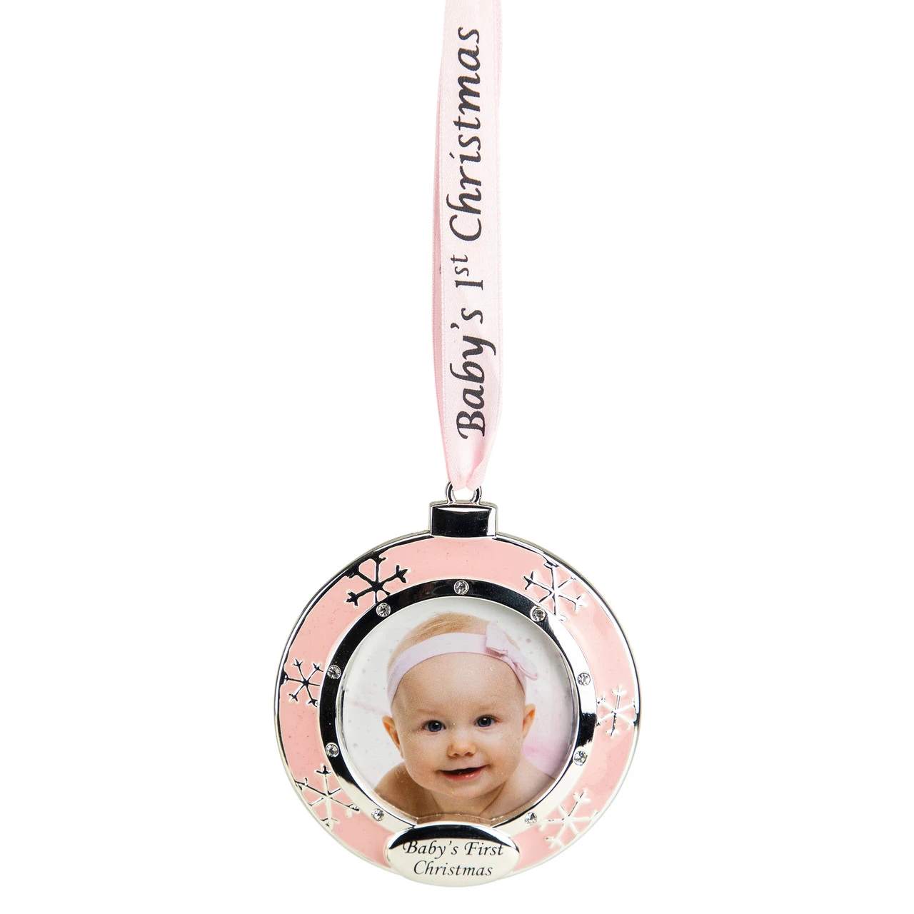 3" Pink Silver-Plated Baby's First Christmas Photo Ornament With European Crystals 1 3" Pink Silver-Plated Baby's First Christmas Photo Ornament With European Crystals