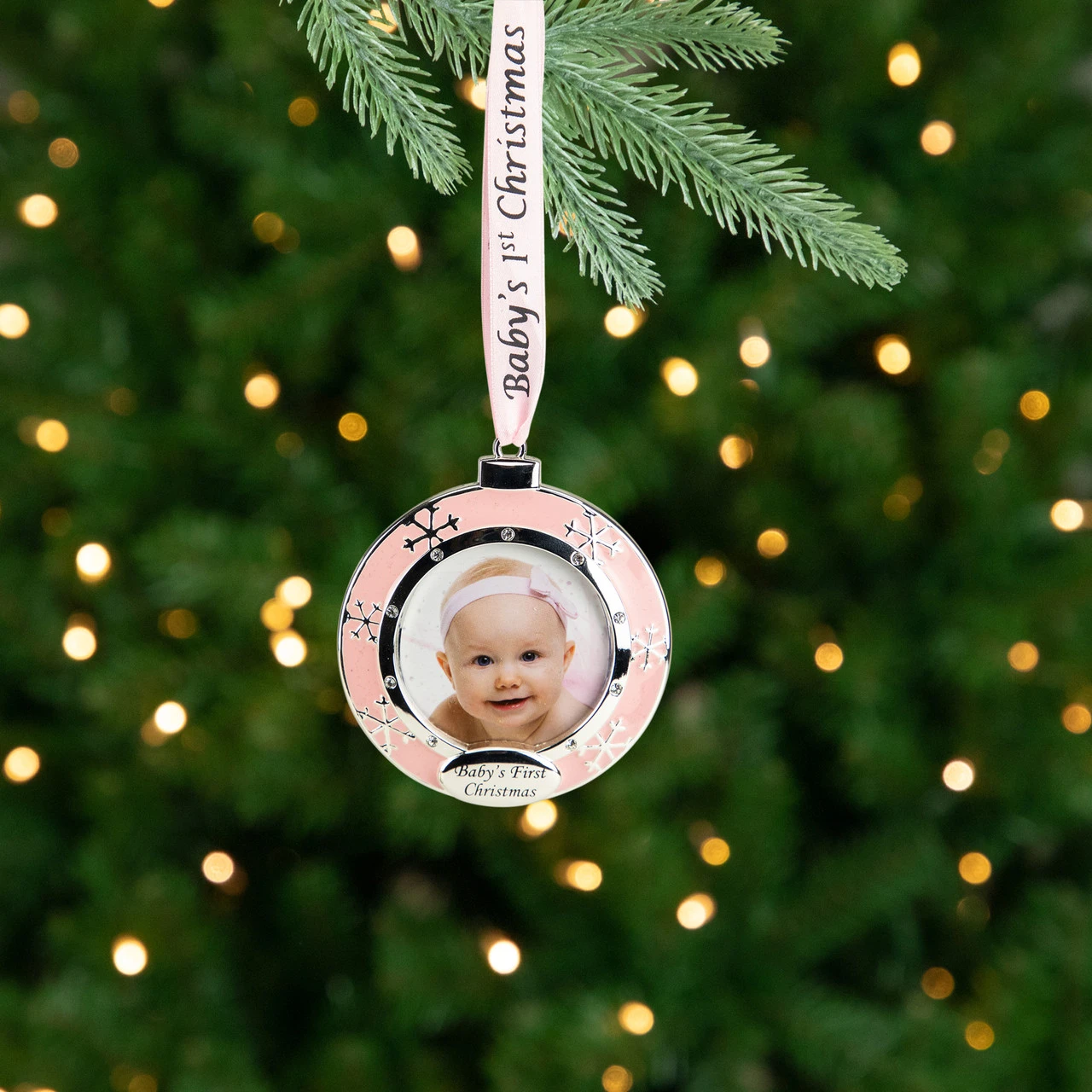 3" Pink Silver-Plated Baby's First Christmas Photo Ornament With European Crystals 2 3" Pink Silver-Plated Baby's First Christmas Photo Ornament With European Crystals - Image 2