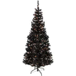 6' Pre-Lit Black Artificial Tinsel Christmas Tree, Clear Lights