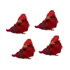 Set Of 4 Red Cardinal Clip-On Sisal Christmas Bird Ornaments, 3.5"