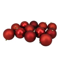 12ct Red Shatterproof 4-Finish Christmas Ball Ornaments 4" (100mm)