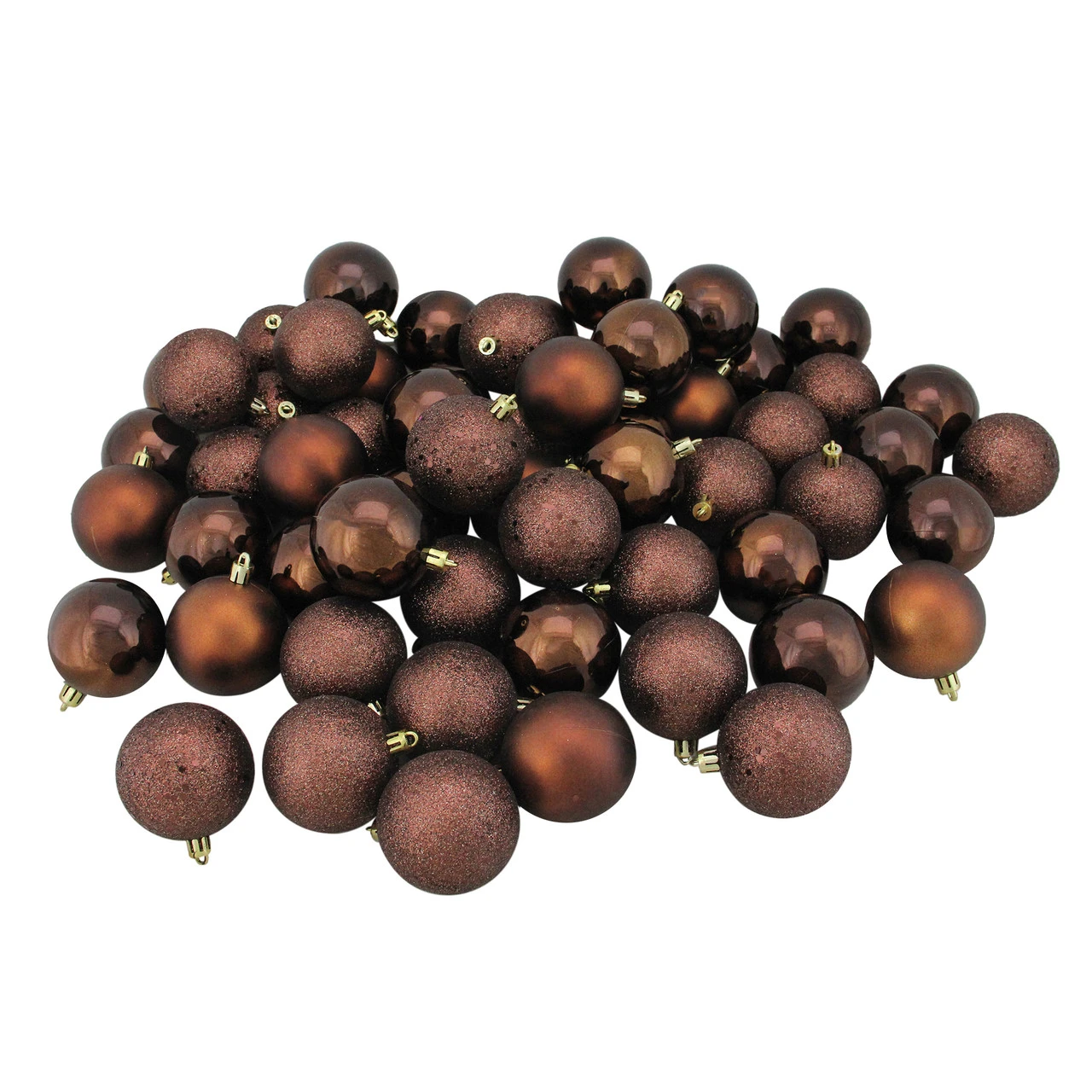 60ct Mocha Brown Shatterproof 4-Finish Christmas Ball Ornaments 2.5" (60mm) 1 60ct Mocha Brown Shatterproof 4-Finish Christmas Ball Ornaments 2.5" (60mm)