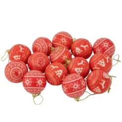 14-Piece Red And White Nordic Decoupage Christmas Ball Ornament Set, 2.25" (60mm)