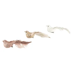 Set Of 3 Glittered Pink, White And Champagne Bird Christmas Ornament With Clip, 6.5"