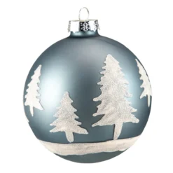 4" Slate Blue With Glittered Trees Glass Ball Christmas Ornament