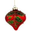 4.5" Red Glass Christmas Ornament With Holly Leaves