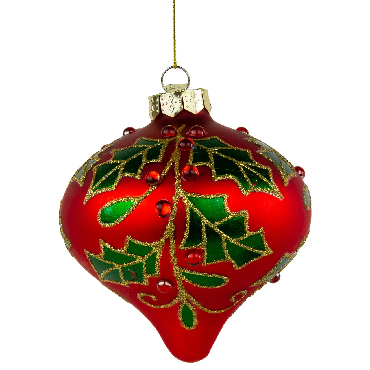 4.5" Red Glass Christmas Ornament With Holly Leaves 1 4.5" Red Glass Christmas Ornament With Holly Leaves