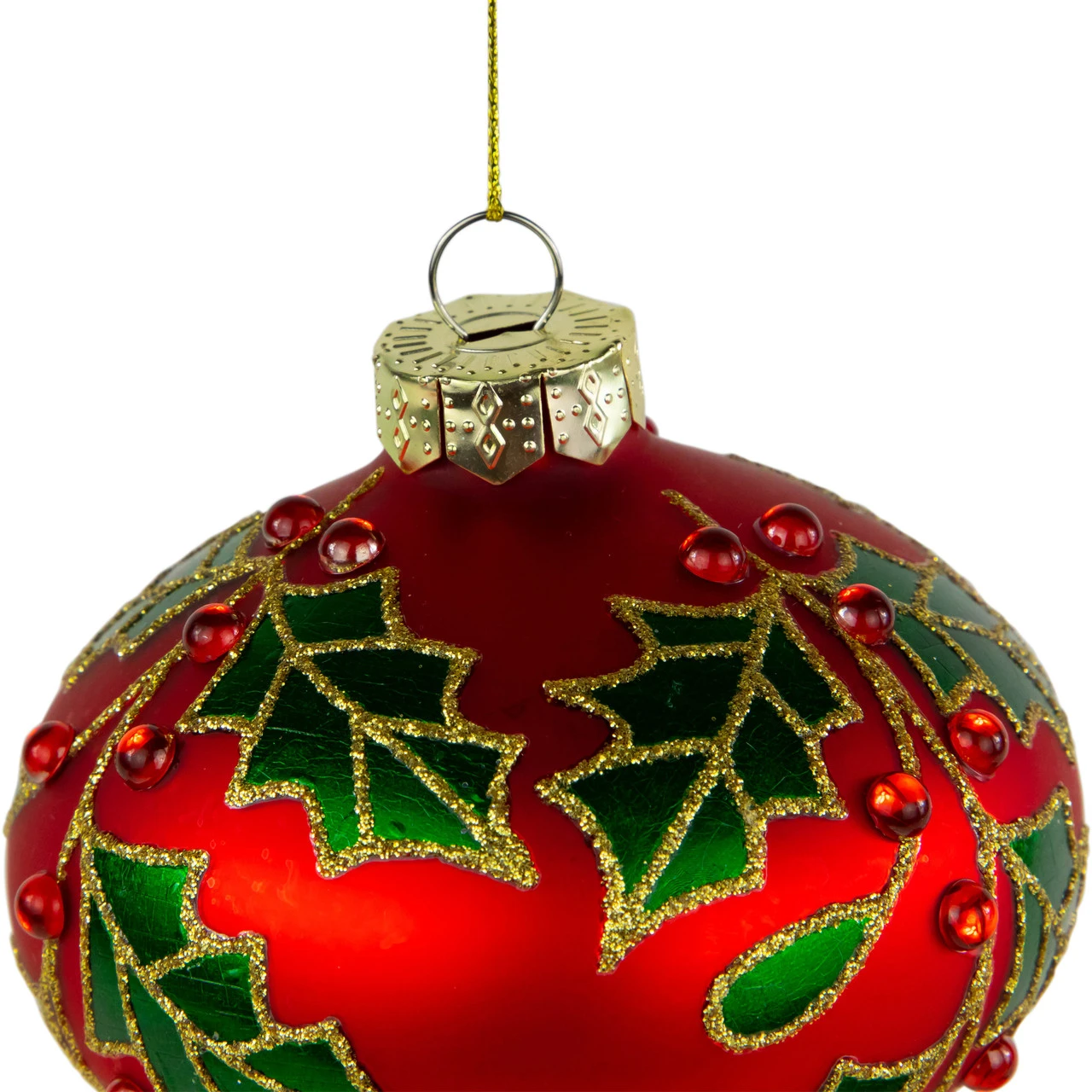 4.5" Red Glass Christmas Ornament With Holly Leaves 3 4.5" Red Glass Christmas Ornament With Holly Leaves - Image 3