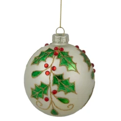 4.5" White Glass Christmas Ball Ornament With Holly Leaves