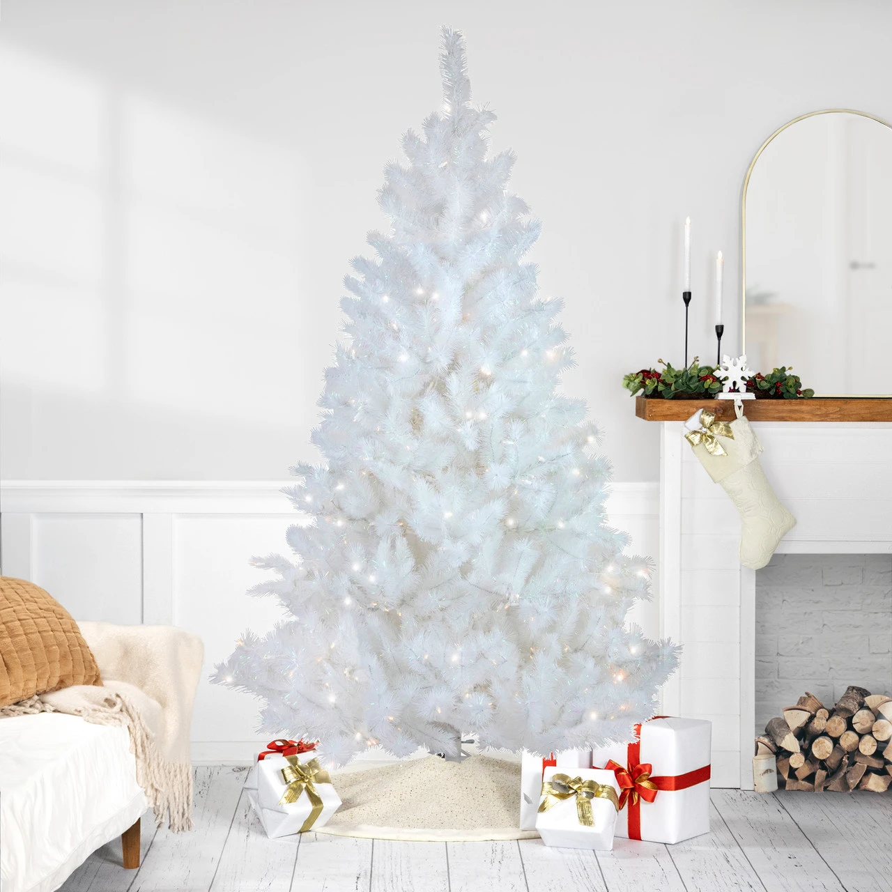 7.5' Pre-Lit White Alaskan Pine Artificial Christmas Tree, Warm White LED Lights 1 7.5' Pre-Lit White Alaskan Pine Artificial Christmas Tree, Warm White LED Lights