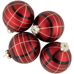 4ct Red, Black And Gold Plaid Glass Ball Christmas Ornaments 3.25"