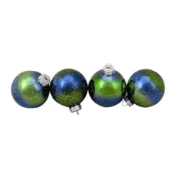 4ct Blue And Green Striped Speckled Christmas Ball Ornaments 3.25" (80mm)