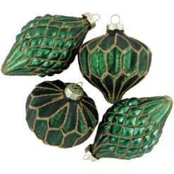 4ct Green With Gold Glitter Onion And Finial Glass Christmas Ornaments 4.75"