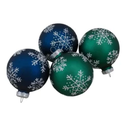 Set Of 4 Dark Blue And Green Glass Matte Christmas Ball Ornaments 2.5-Inch