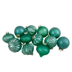Set Of 12 Green Finial And Glass Ball Christmas Ornaments