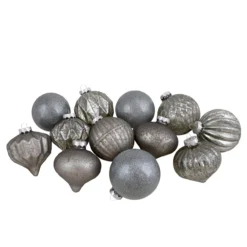 Set Of 12 Neutral Tone Finial And Glass Ball Christmas Ornaments