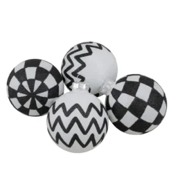 4ct Black And White Zig Zag And Checkered Christmas Glass Ball Ornaments 2.75" (67mm)