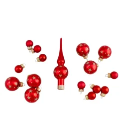 16-Piece Set Of Assorted Red Glass Christmas Ball Ornaments With Tree Topper