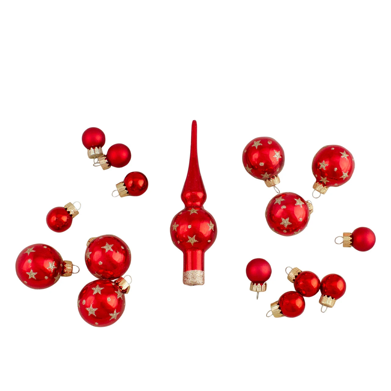16-Piece Set Of Assorted Red Glass Christmas Ball Ornaments With Tree Topper 1 16-Piece Set Of Assorted Red Glass Christmas Ball Ornaments With Tree Topper