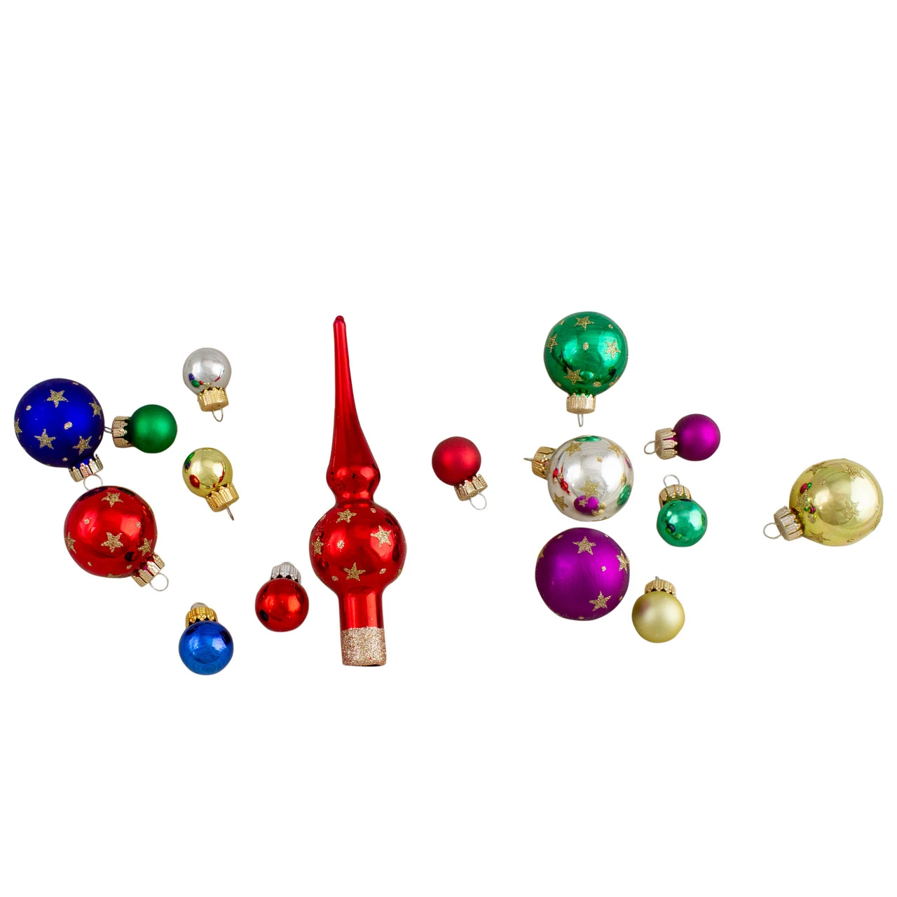 16-Piece Set Of Assorted Multi-Color Glass Ball Christmas Ornaments With Tree Topper 1 16-Piece Set Of Assorted Multi-Color Glass Ball Christmas Ornaments With Tree Topper