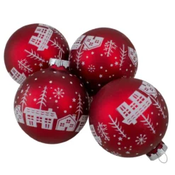 Set Of 4 Red Matte Glass Ball Hanging Christmas Decorations 3.2 Inch (80mm)