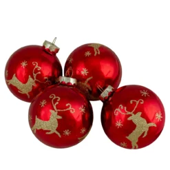 Set Of 4 Red And Gold Deer Glass Ball Christmas Ornaments 3.25-Inch (80mm)